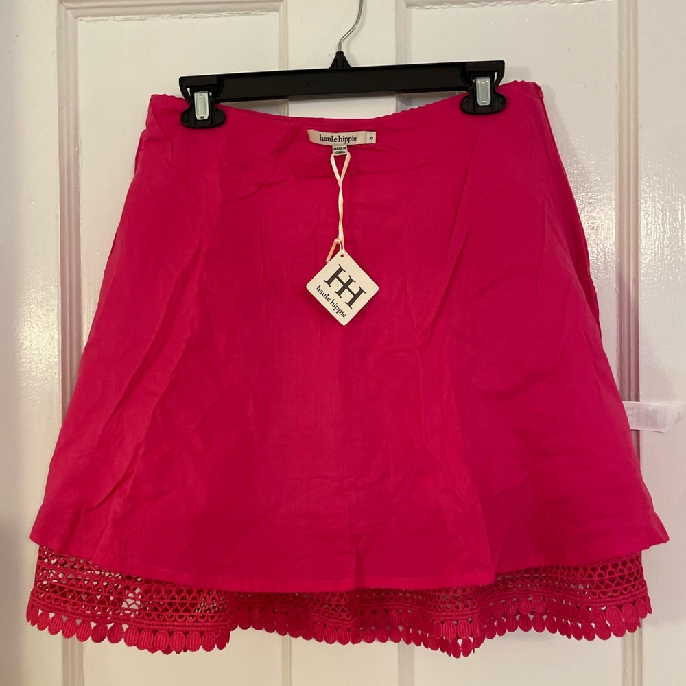 NWT! Haute Hippie Catherine Lace Trimmed Fuscia Cotton Silk Mini Skirt Size 8/L - Picture 11 of 11